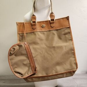 Vintage AU Naturale Brown Commuter Tote Bag‎ Leather Trim Canvas Zip Spacious